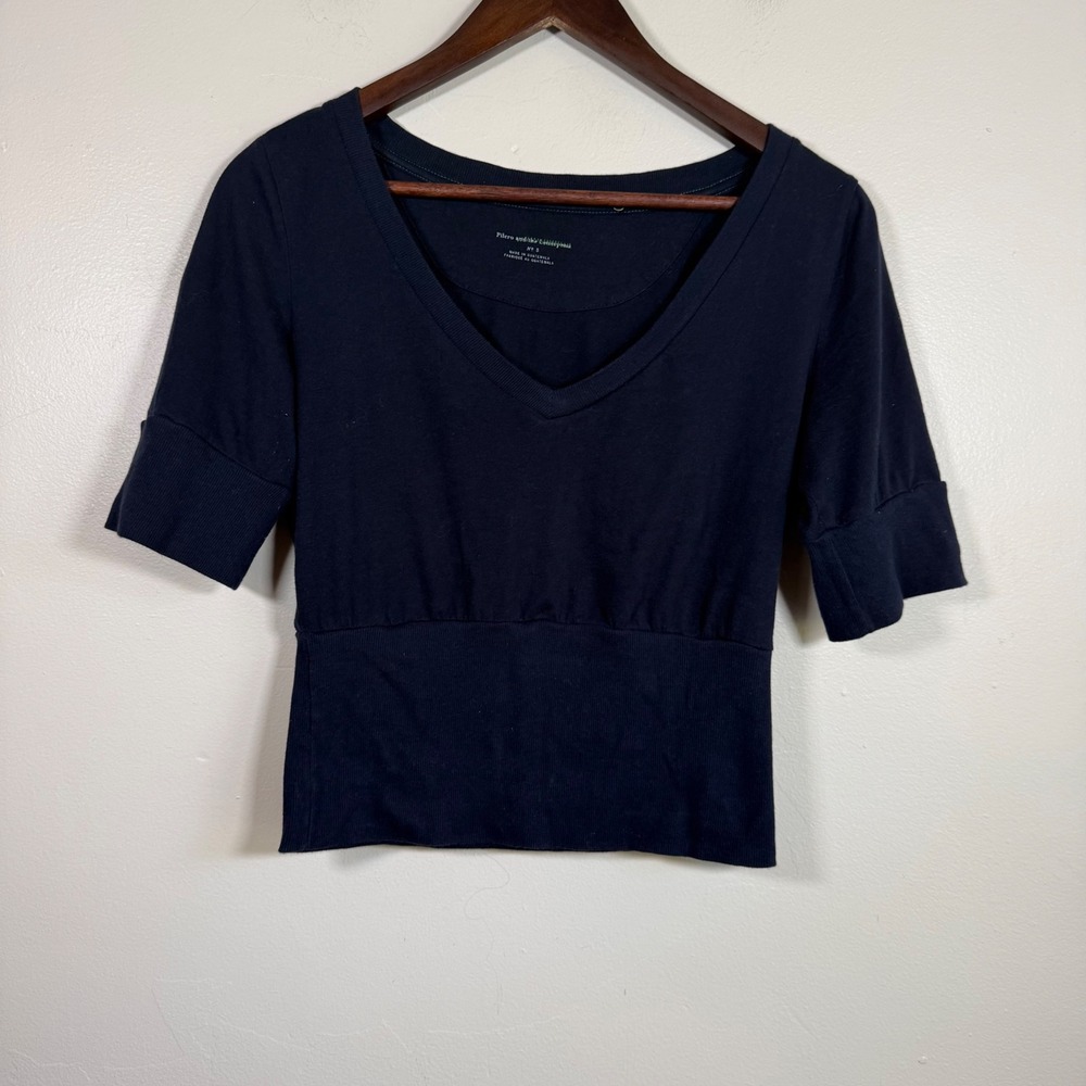 Pilcro and the Letterpress Ribbed Hem V-Neck Knit Top Size Small Navy Blue